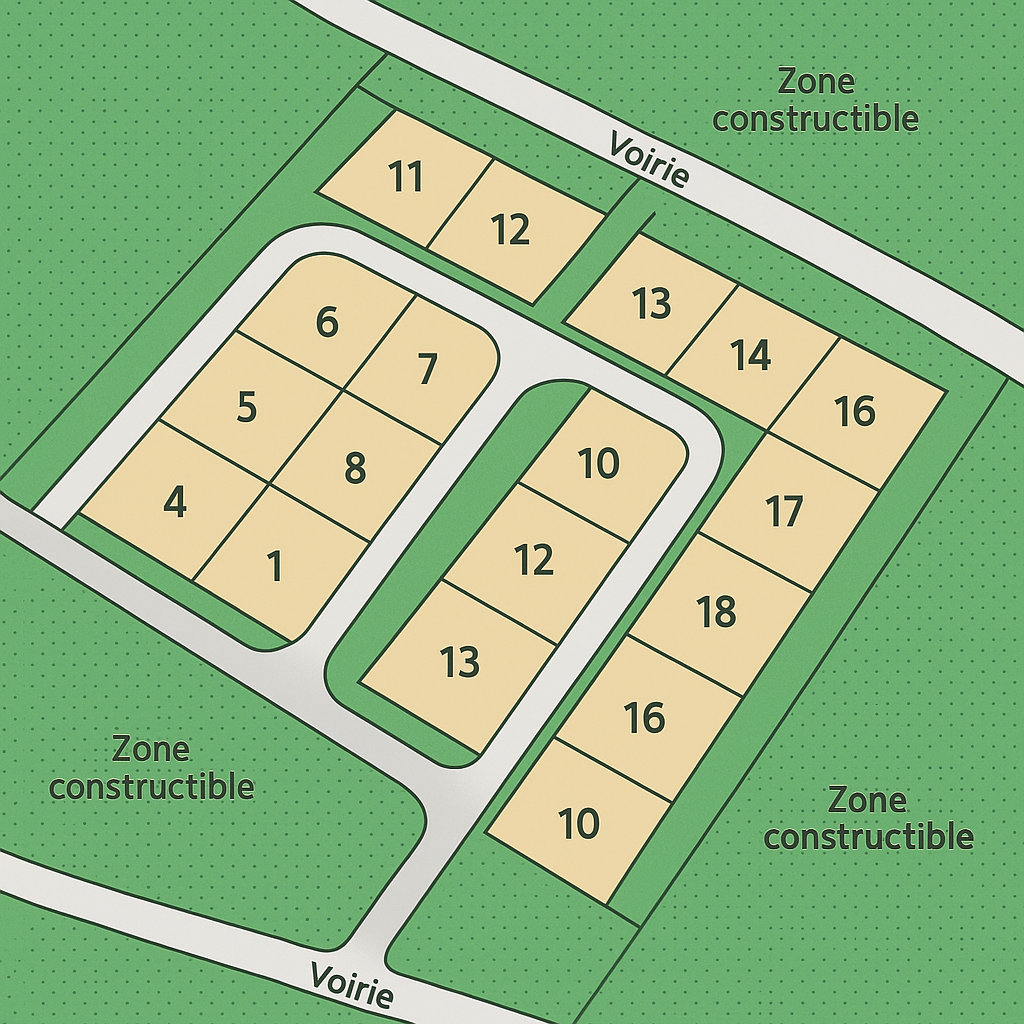 Plan de lotissement avec numérotation des lots, voiries et zones constructibles – illustration règles d’urbanisme