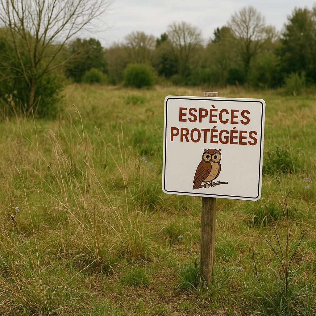 terrain naturel avec balisage écologique ou panneau “zone protégée”