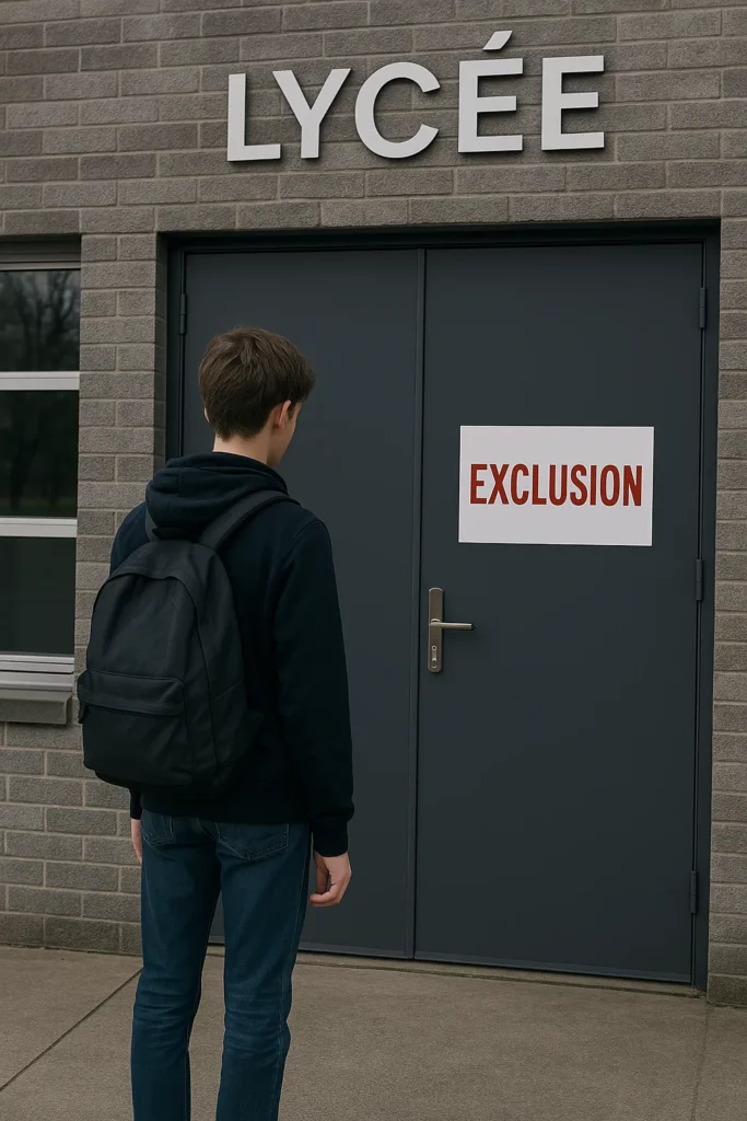 Porte fermée d’un lycée avec panneau “Exclusion” ou élève sortant seul – illustration exclusion définitive scolaire