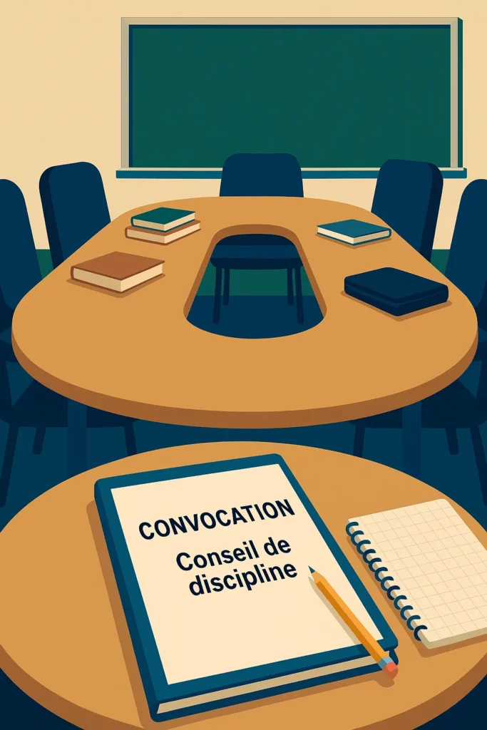 Salle de conseil de discipline avec table ronde et documents scolaires – illustration droits des élèves